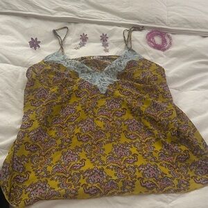 Silk-Effect Paisley Lace Trim Cami Top - Mustard Yellow